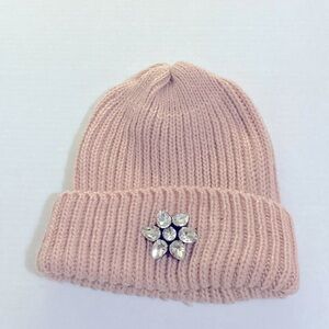 29 Palms Rib Knit Warm Hat with Rhinestone Embellishment Rose Pink One size